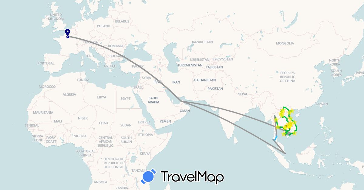 TravelMap itinerary: driving, bus, plane, cycling, train, boat, motorbike in United Arab Emirates, France, Cambodia, Laos, Singapore, Thailand, Vietnam (Asia, Europe)